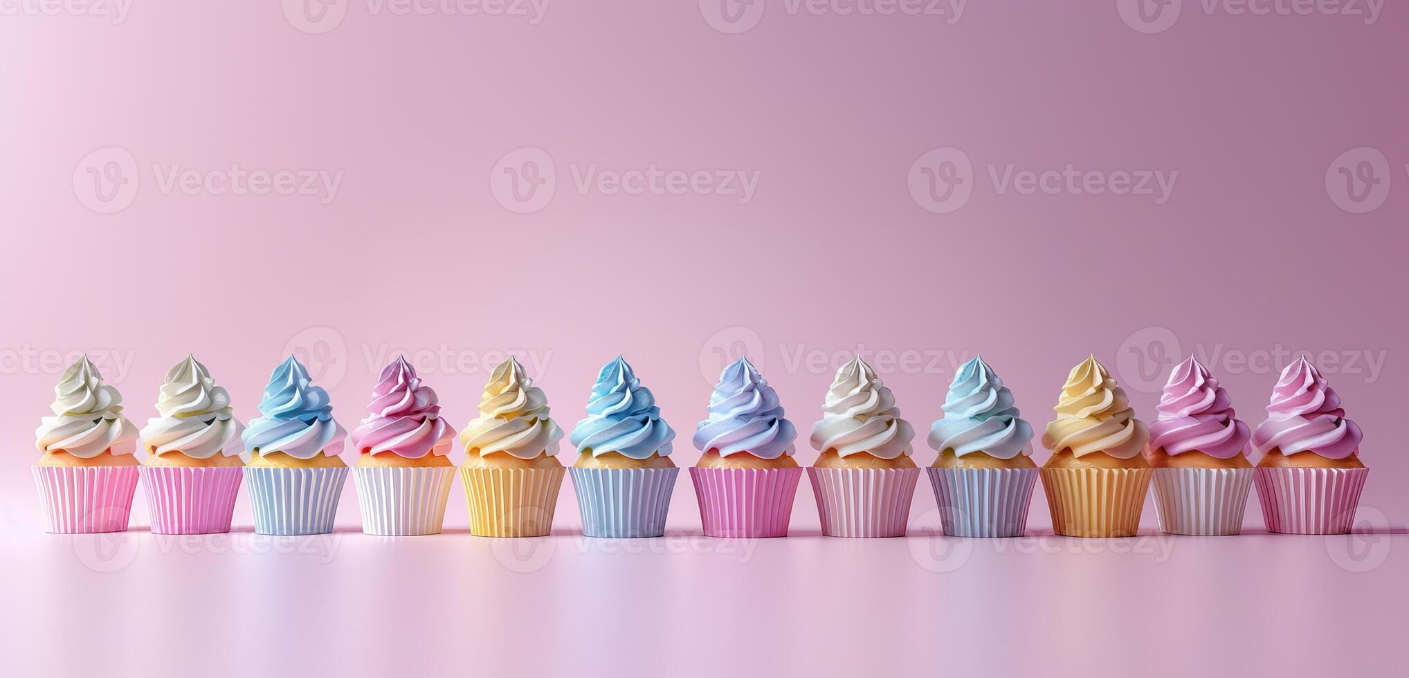 Colorful festive cupcakes lined row smooth colorful simple pink pattern colorful, minimalistic photo