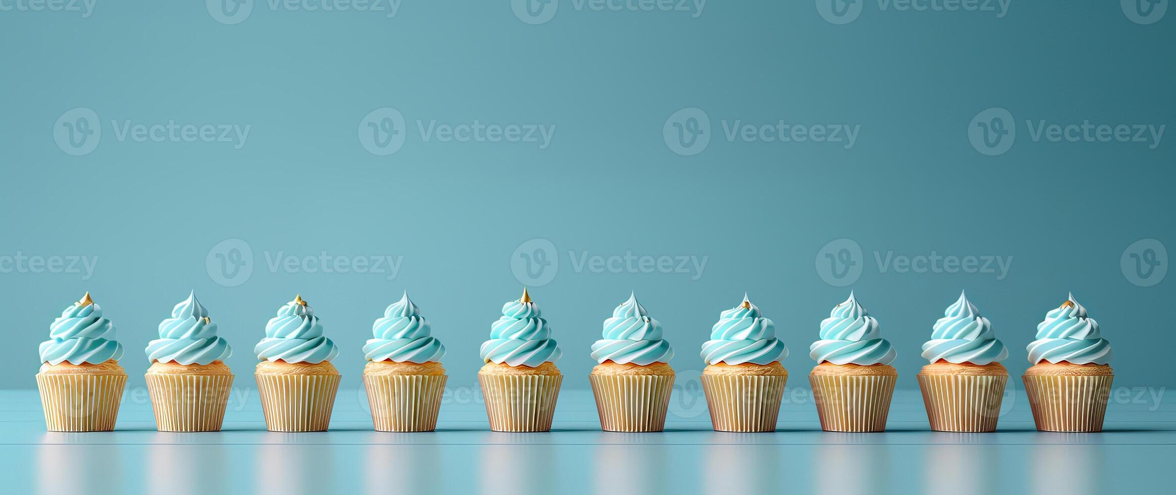 Row plain monochrome light turquoise frosted cupcakes simple blue background, minimalism, copy space photo