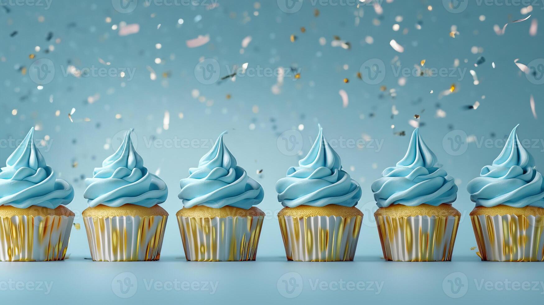 Row plain monochrome light blue frosted cupcakes simple blue background, minimalism, copy space photo