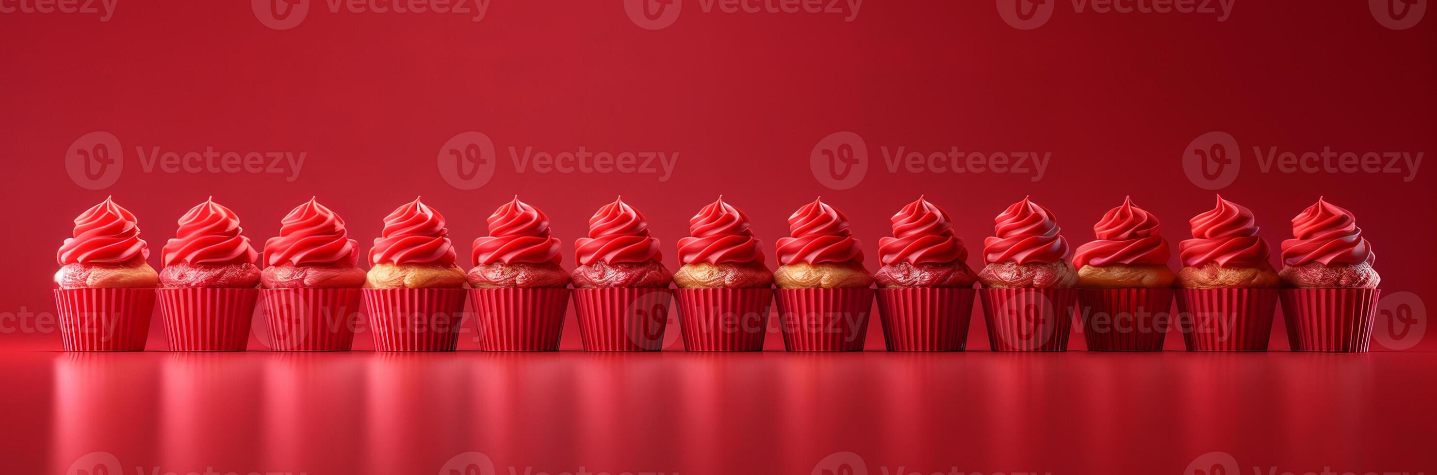 Holiday cupcakes lined row smooth frosting red monochrome colors pattern pastel colors, minimalistic photo