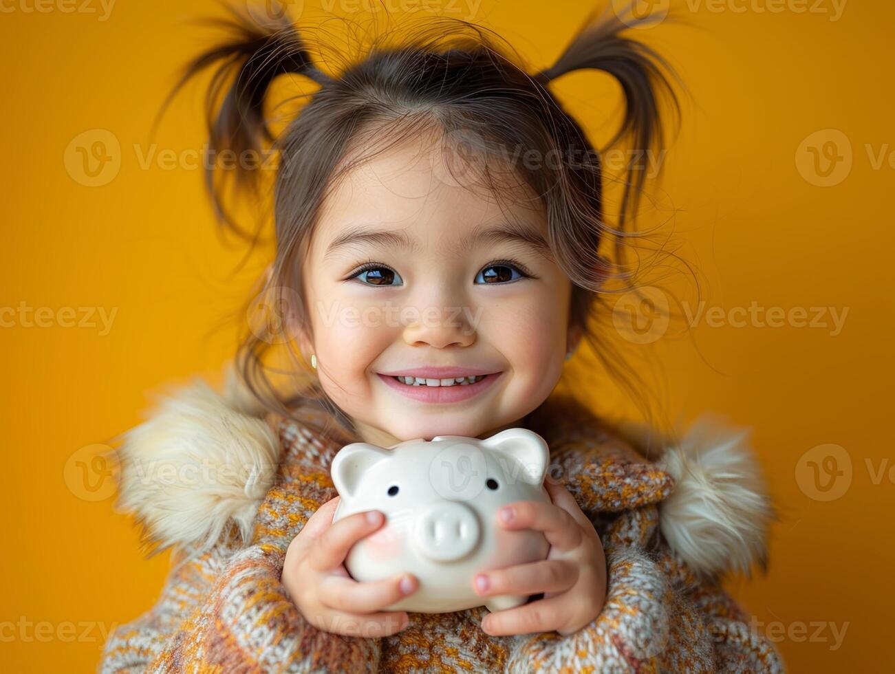 Cheerful child curly hair bright smile holding white piggy bank, against vibrant yellow background photo