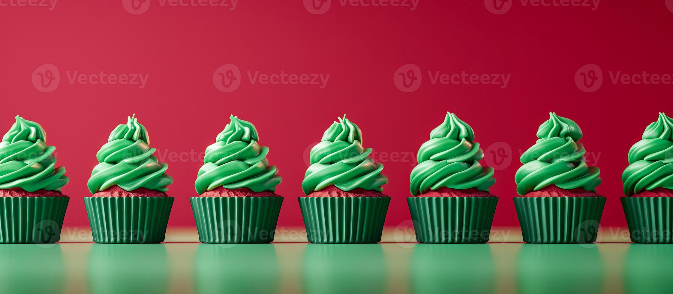 Festive cupcakes row smooth frosting red green colors, minimalistic Christmas style. New Year. photo