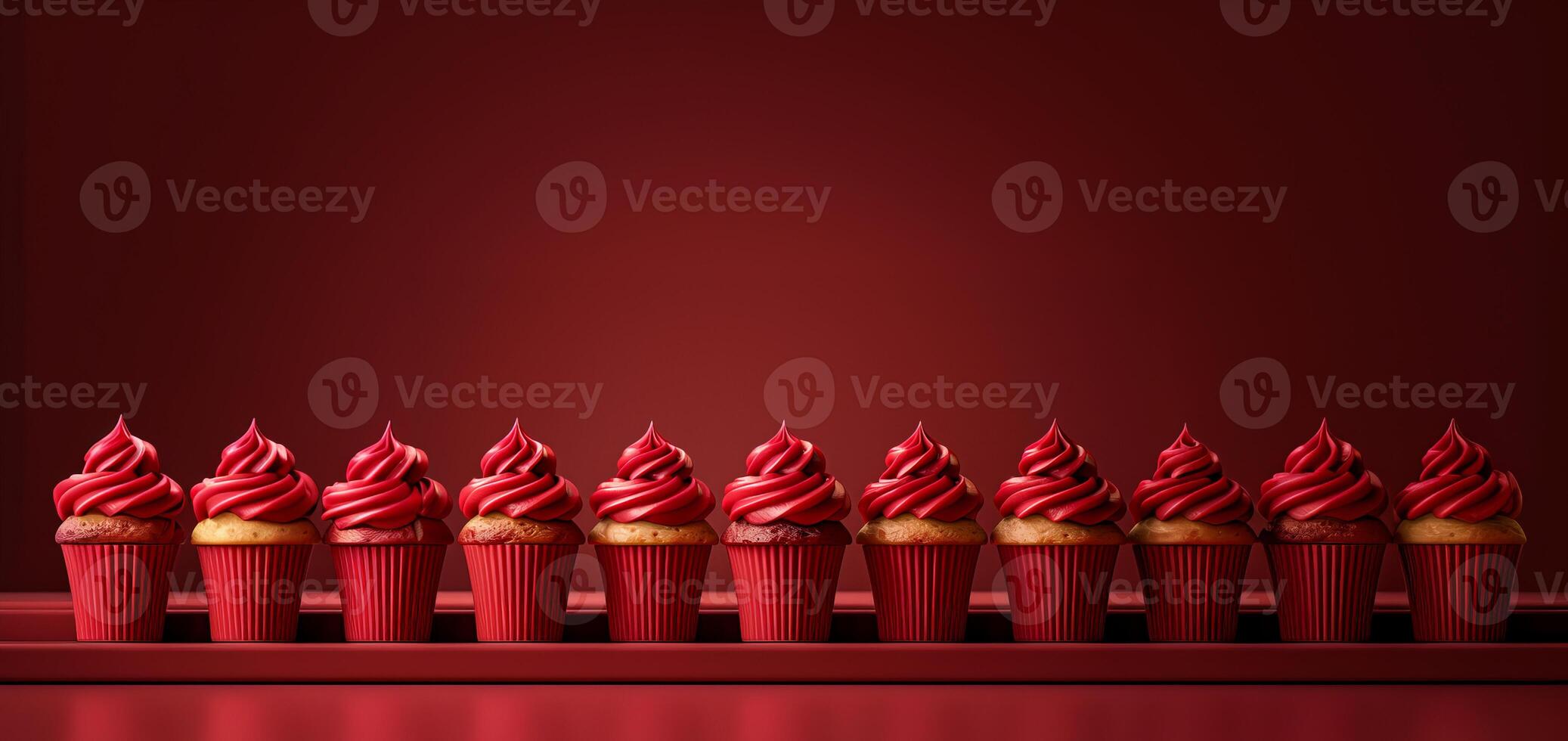 Holiday cupcakes lined row smooth frosting burgundy pattern light red pastel colors, minimalistic photo