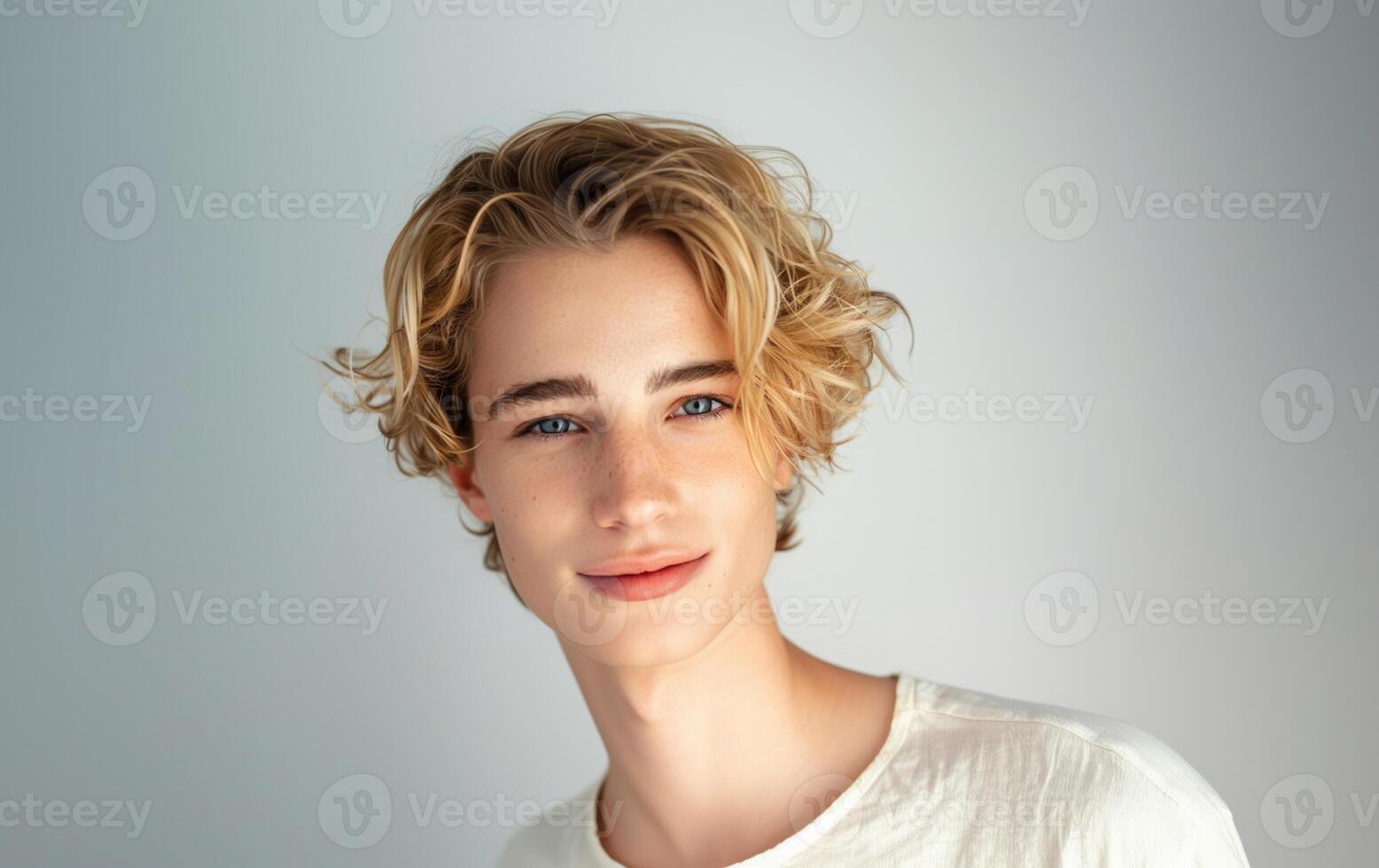 Close-up portrait of a young man with freckles and blonde hair. Intense gaze and natural beauty photo