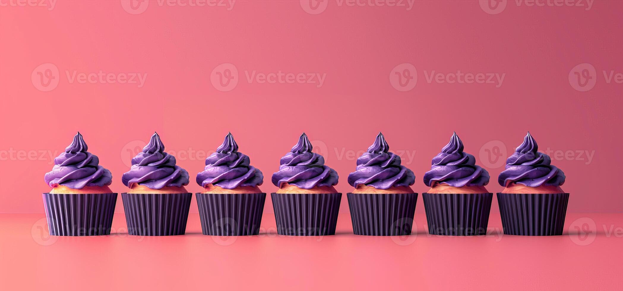 Modern design group black festive cupcakes lined row, smooth frosting simple orange purple colors photo