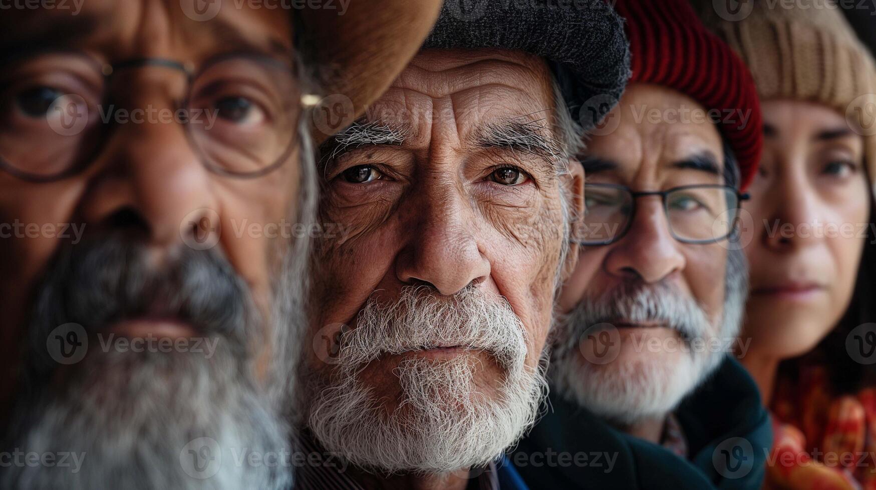 Row of diverse senior citizens close-up portrait image. Aged faces photography. Elderly friends with distinct expressions closeup picture photorealistic. Life stories concept photo
