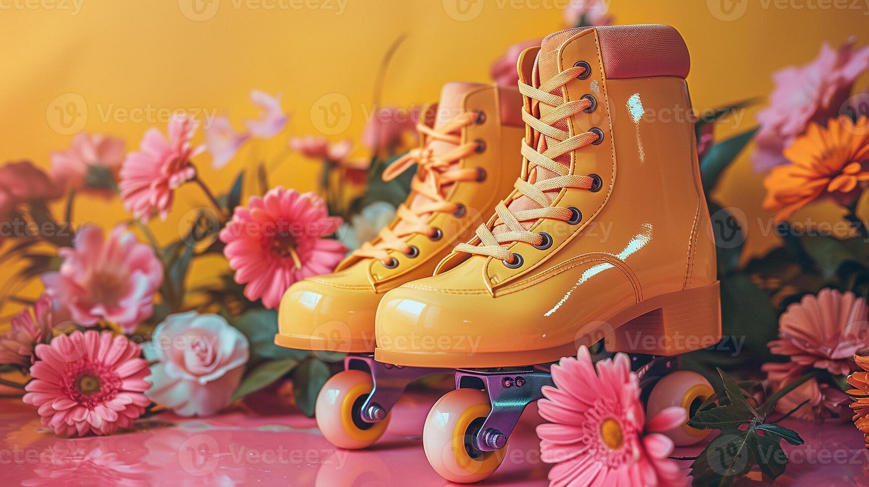 Bright yellow roller skates with vibrant floral backdrop photo. Rollerblading summer fun image background wallpaper. Nature inspired photography. Joy of spring concept picture realistic photo