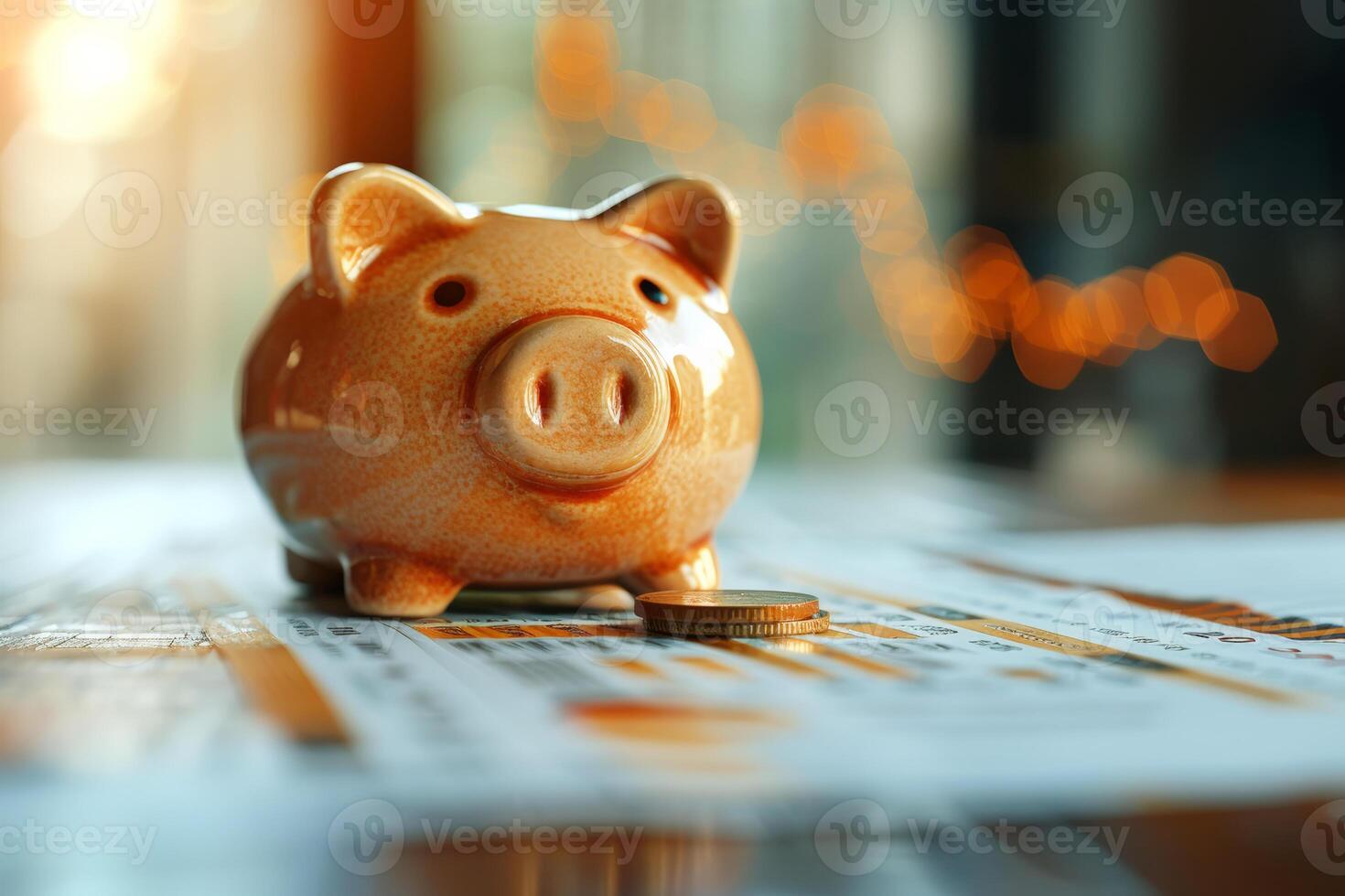 Single piggy bank on table cloth surrounded by an abundance of coins, with warm bokeh background photo
