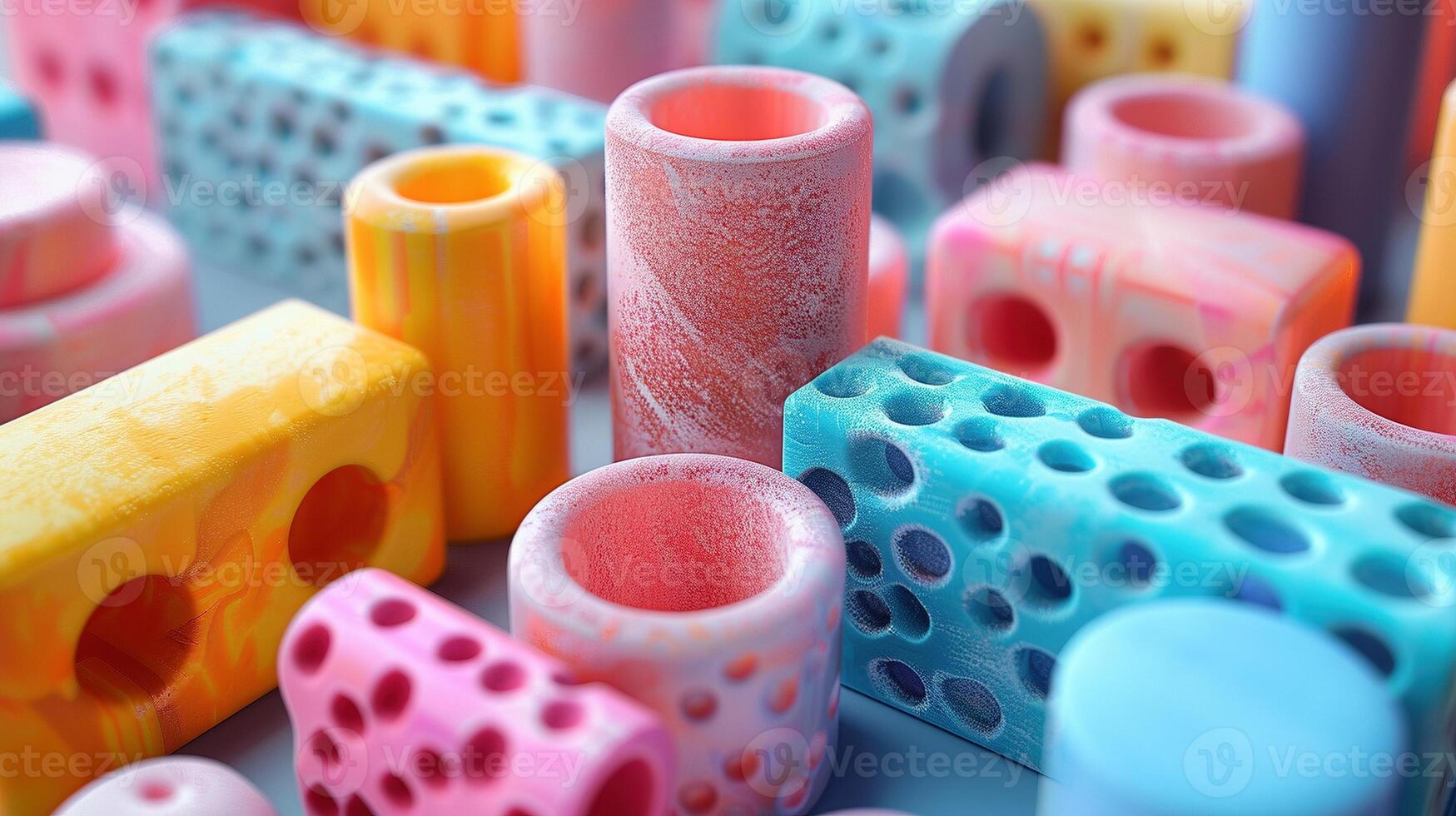 Artistic 3D printed objects in vibrant colors background image. Intricate designs geometric shapes wallpaper picture. Decorative pieces photo. Modern abstract concept composition photo
