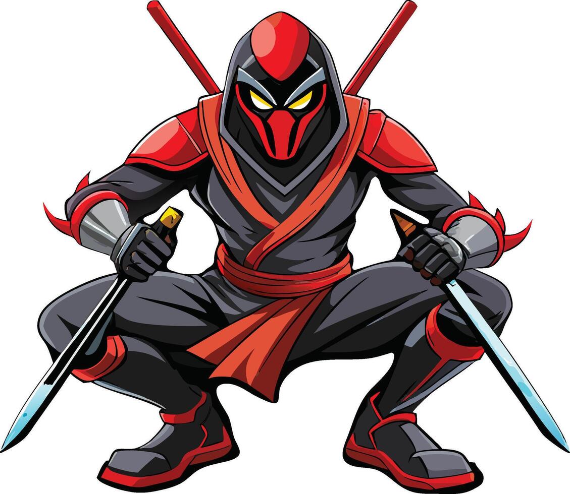 Powerful masked ninja warrior with swords crouching in attack position vector