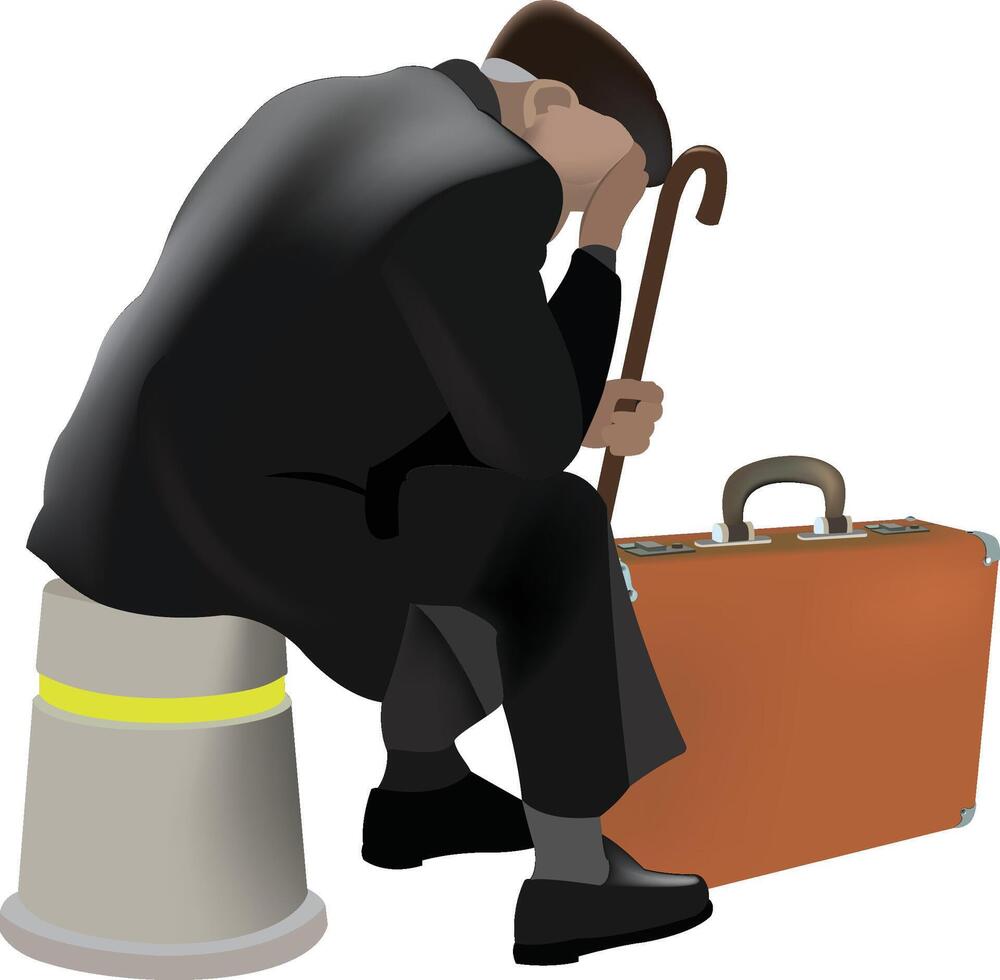 elderly person sitting with hands on forehead thinks vector