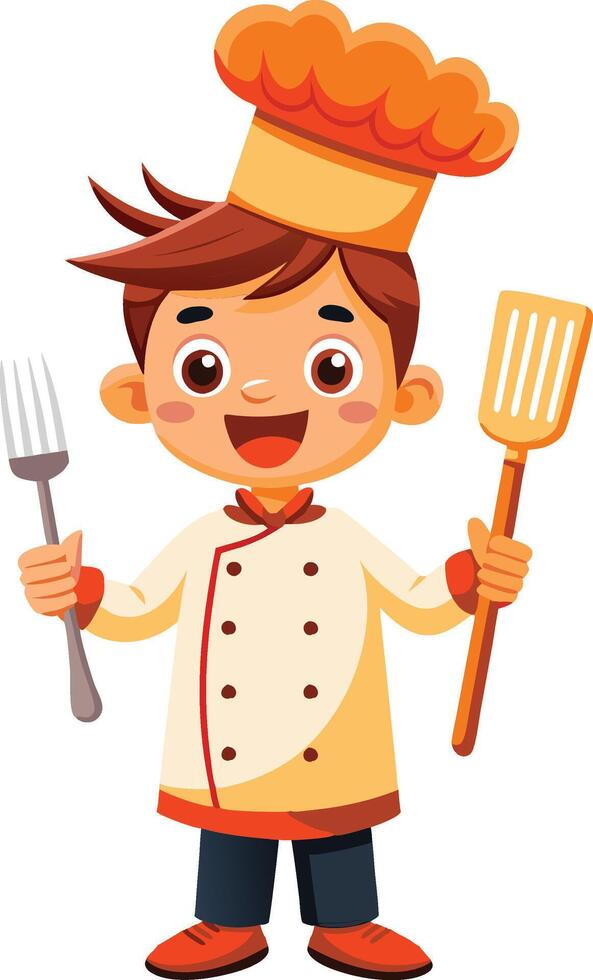 Happy young chef holding spatula vector