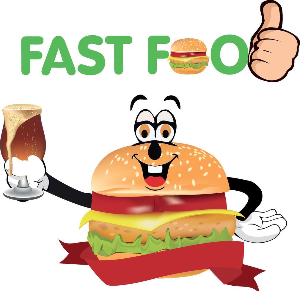 Funny cartoon cheeseburger holding a beer and giving thumbs up for fast food vector