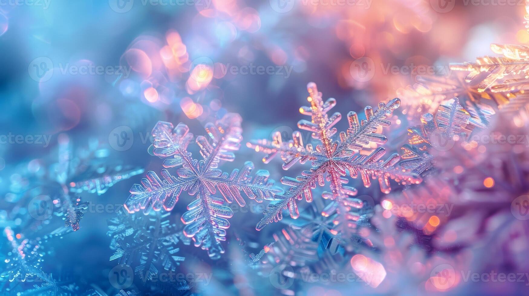 Pastel rainbow colored iridescent snowflakes emitting soft metallic light. Winter Christmas setting photo