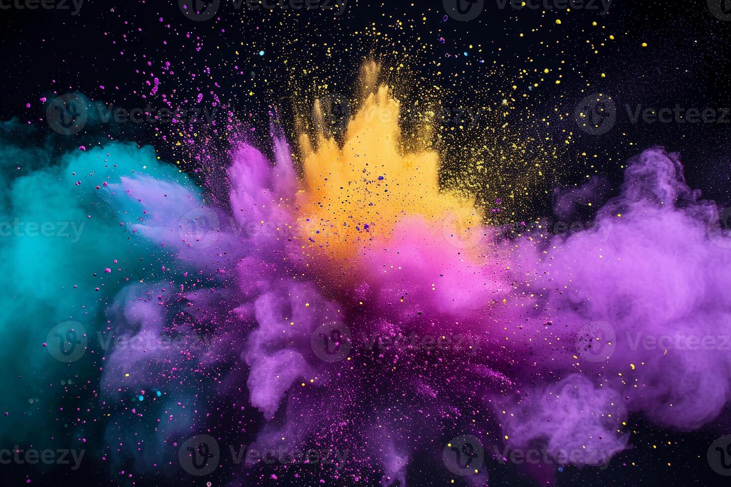 Holi paint powder explosion of purple, yellow, and green on black. Mardi Gras colors. photo
