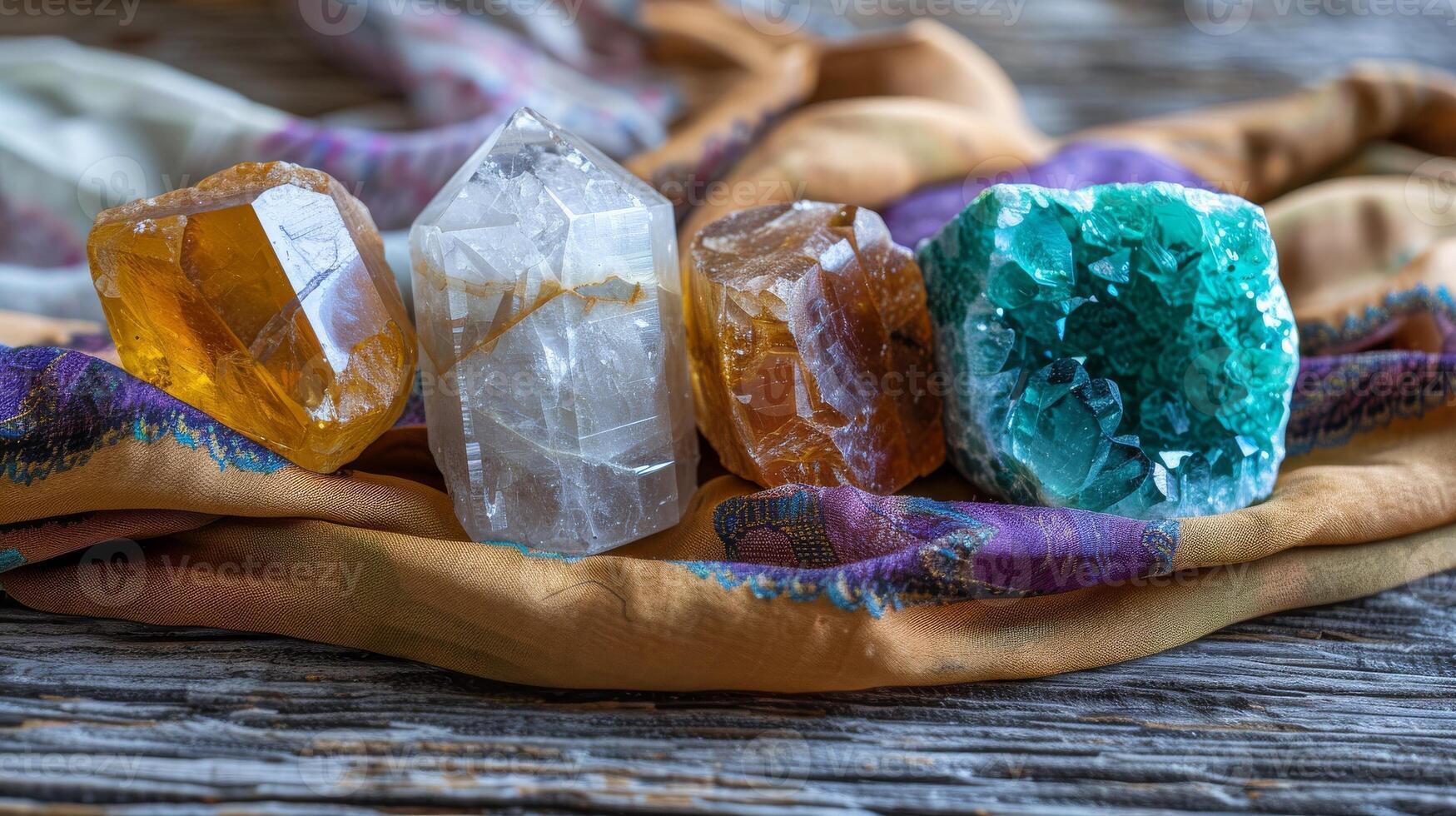 Various polished healing crystals like citrine, malachite, selenite on a silk cloth. New age banner photo