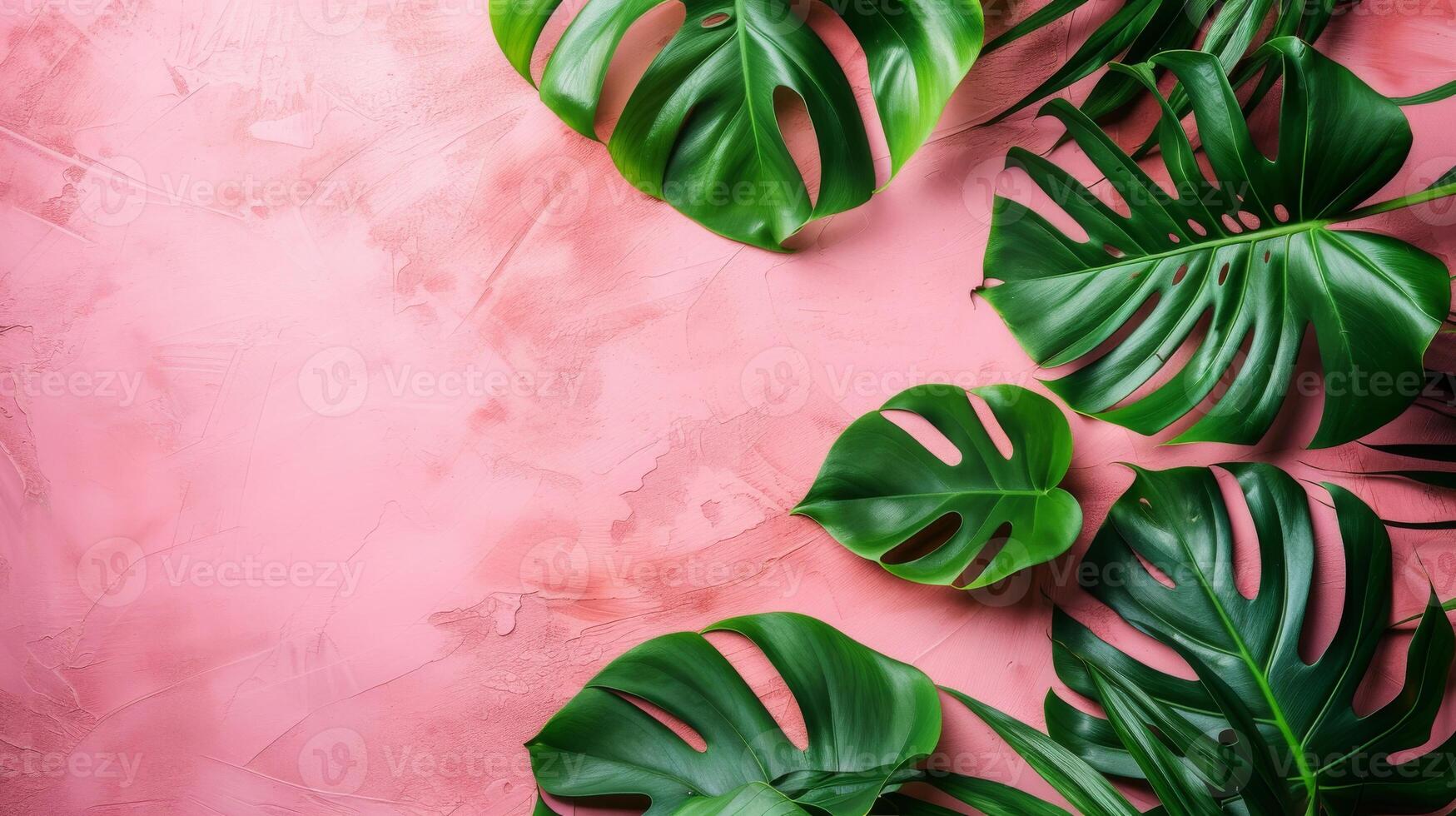 Tropical green leaves on textured pink background with copy space. Nature, summer, botanical designs photo