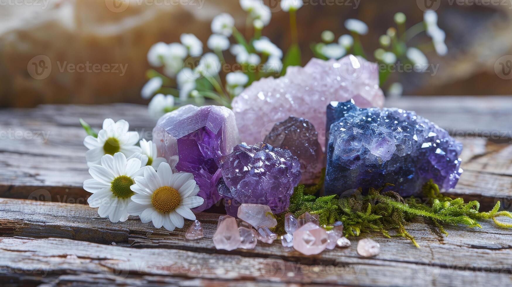 New age collection of healing crystals like amethyst, rose quartz, and obsidian on a wooden surface photo
