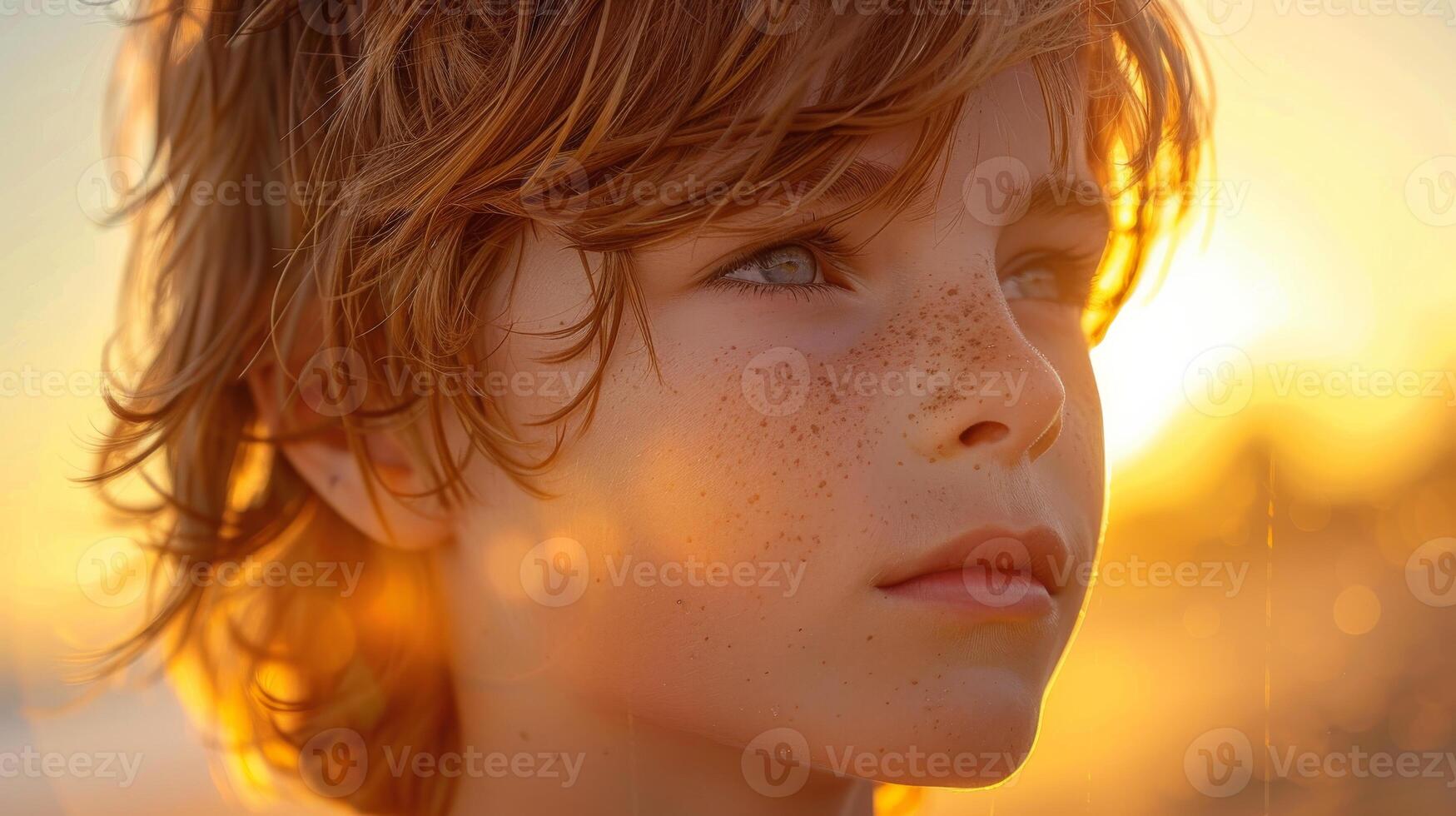 A boy with freckles, catching the last rays of sunset. Warm evening light, beauty of freckled skin photo