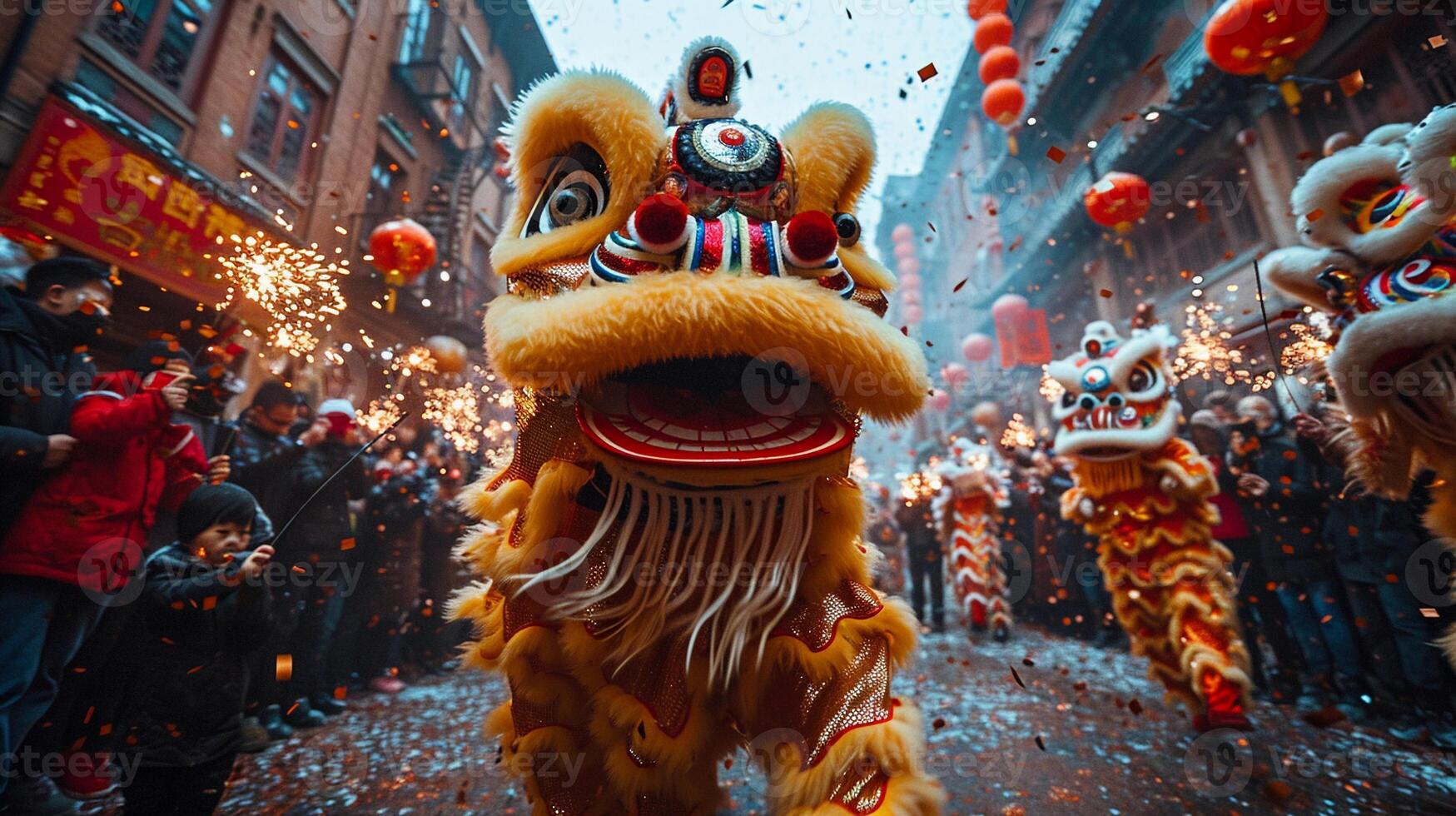 Energetic scene of Lion Dance performance on the streets during the Chinese New Year. photo