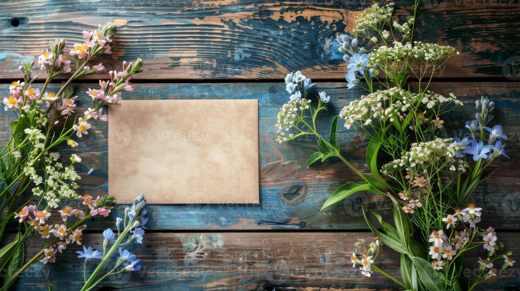 Mockup of blank greeting card surrounded by delicate bouquet of spring wildflowers on a wooden table photo