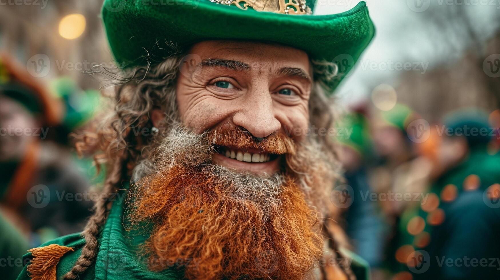 Senior man with red beard at the St. Patrick's Day parade dressed as a leprechaun. photo