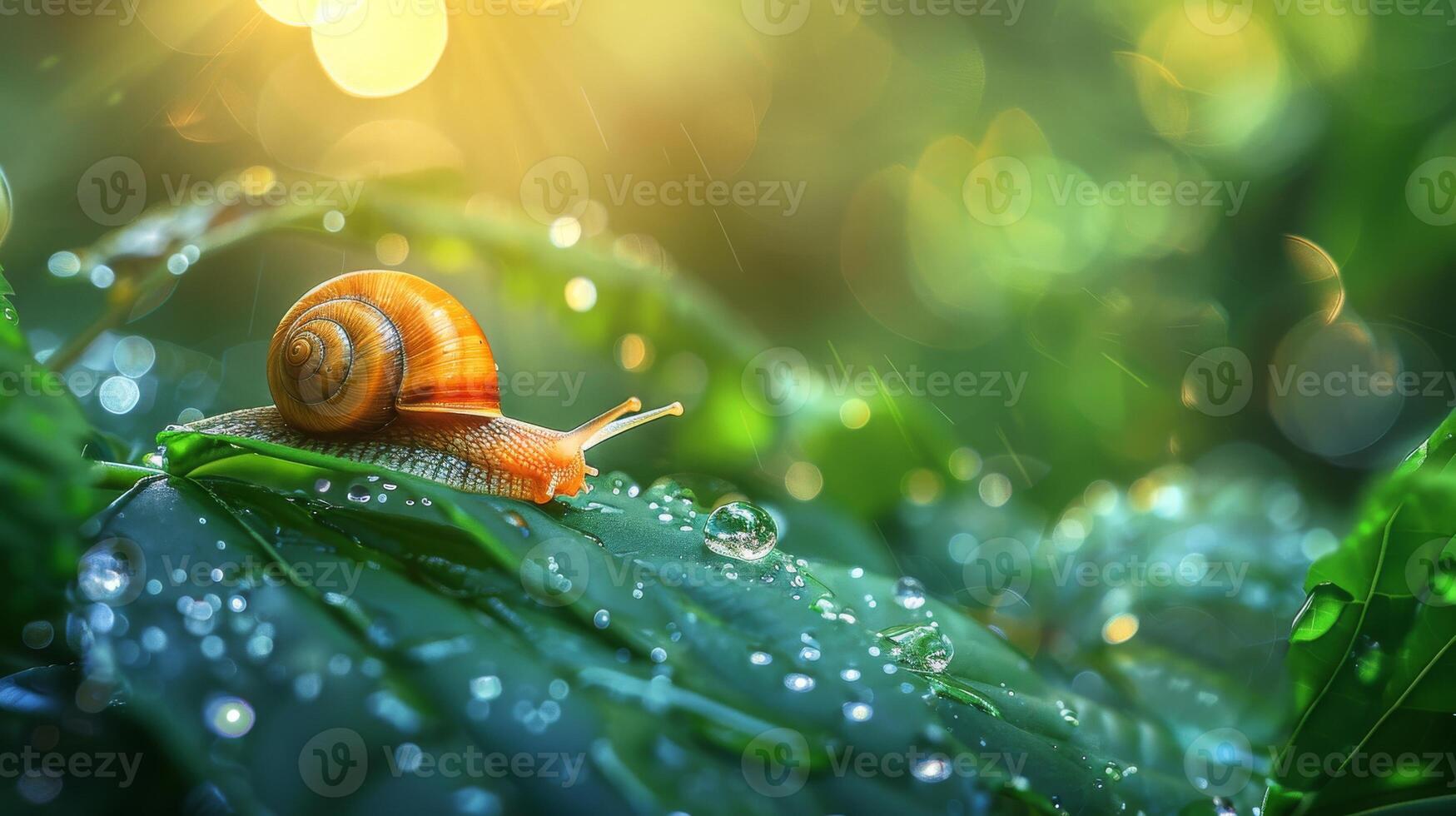 A snail crawls across dewy lush green leaves. The sun shines brightly, a warm glow on the scene photo