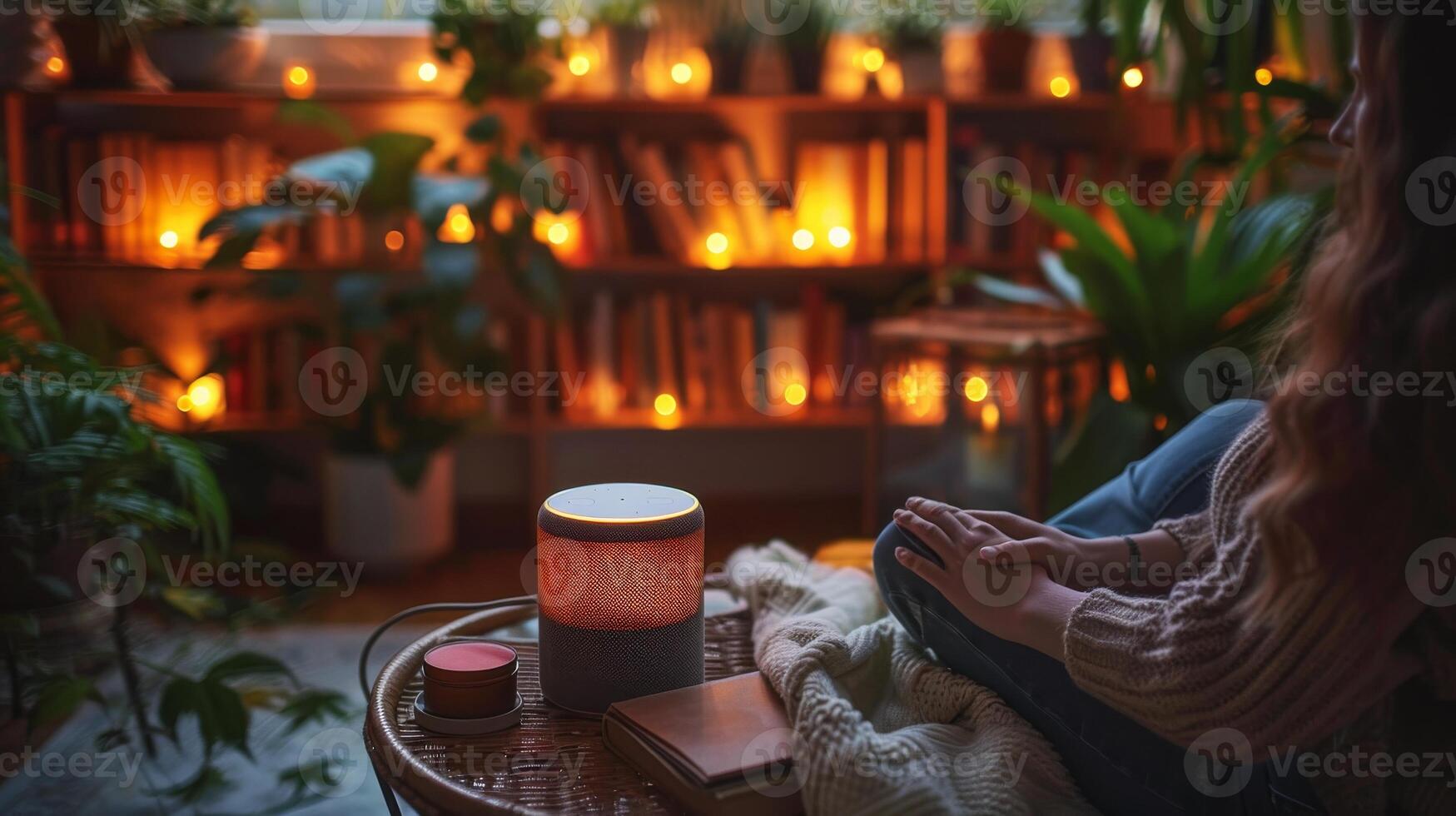 Cozy Living Room With A Smart Speaker and Plants On Coffee Table. Smart Home Technology, Biohacking photo
