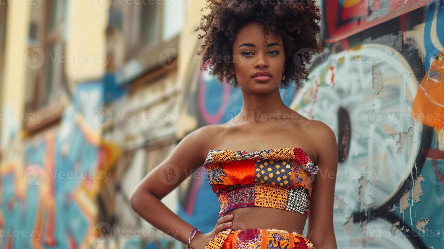 Young Black woman wearing a colorful dress stands confidently in front of a graffiti covered wall photo