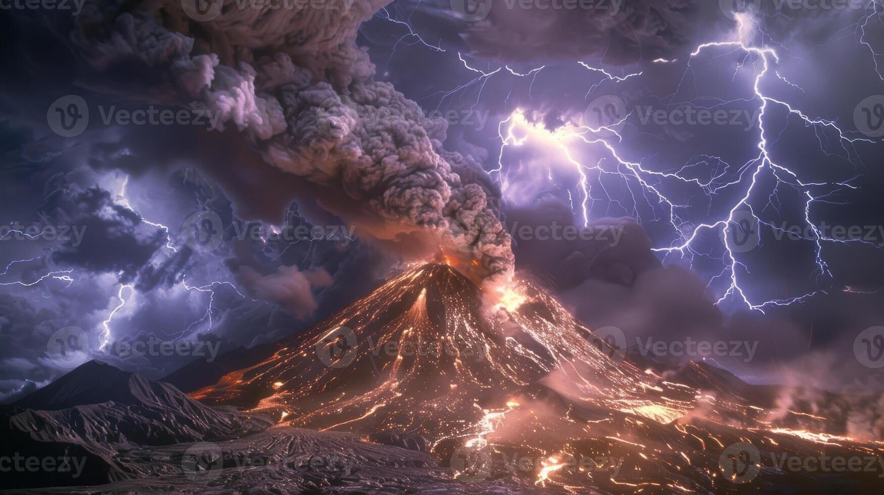 Volcano erupting, fiery lava spewing into dark sky, ash cloud, lightning strikes. Natural Disaster photo