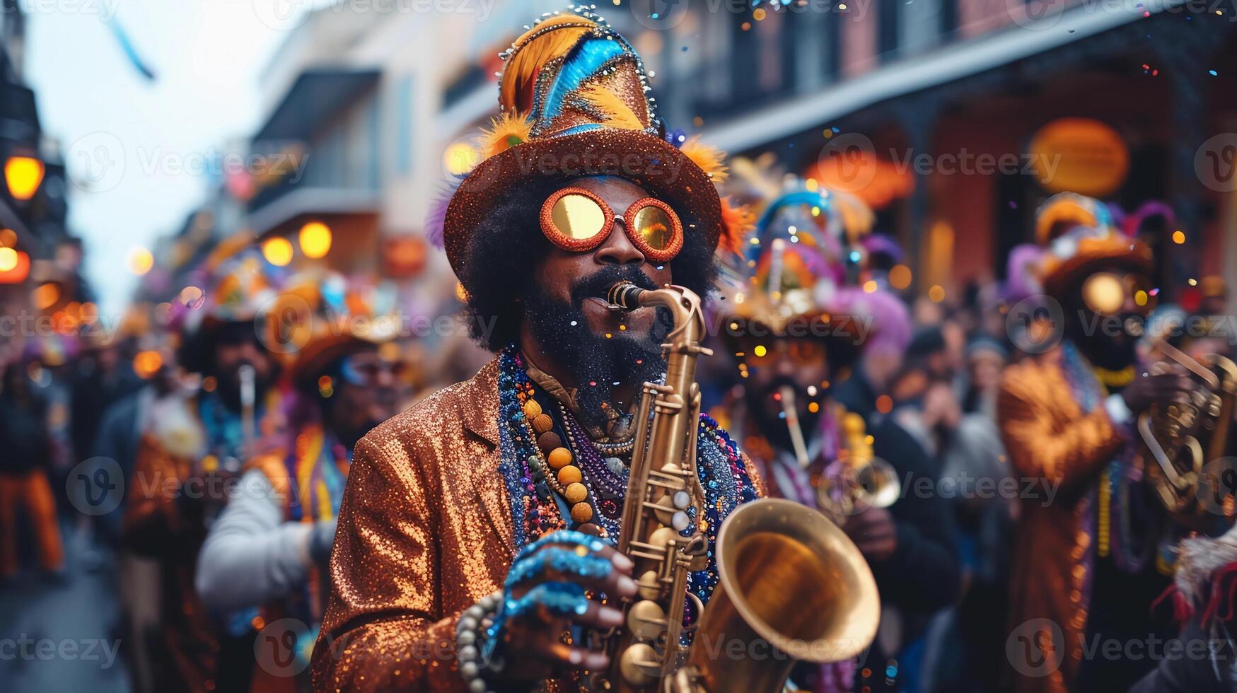 Vibrant Mardi Gras street parade. Jazz musicians are playing in costumes and masks photo