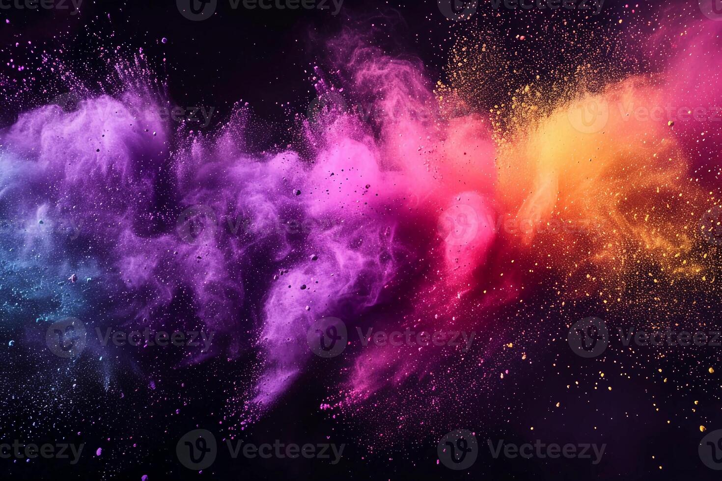 Holi paint powder explosion of purple, yellow, and green on black. Mardi Gras colors. photo