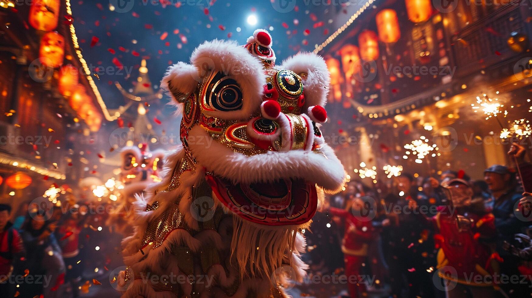 Energetic scene of Lion Dance performance on the streets during the Chinese New Year. photo