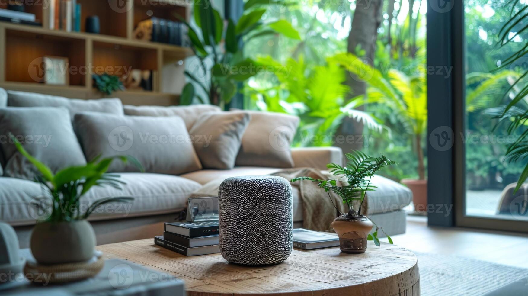 Modern Living Room With Smart Speaker and Plants On Coffee Table. Smart Home Technology, Biohacking photo