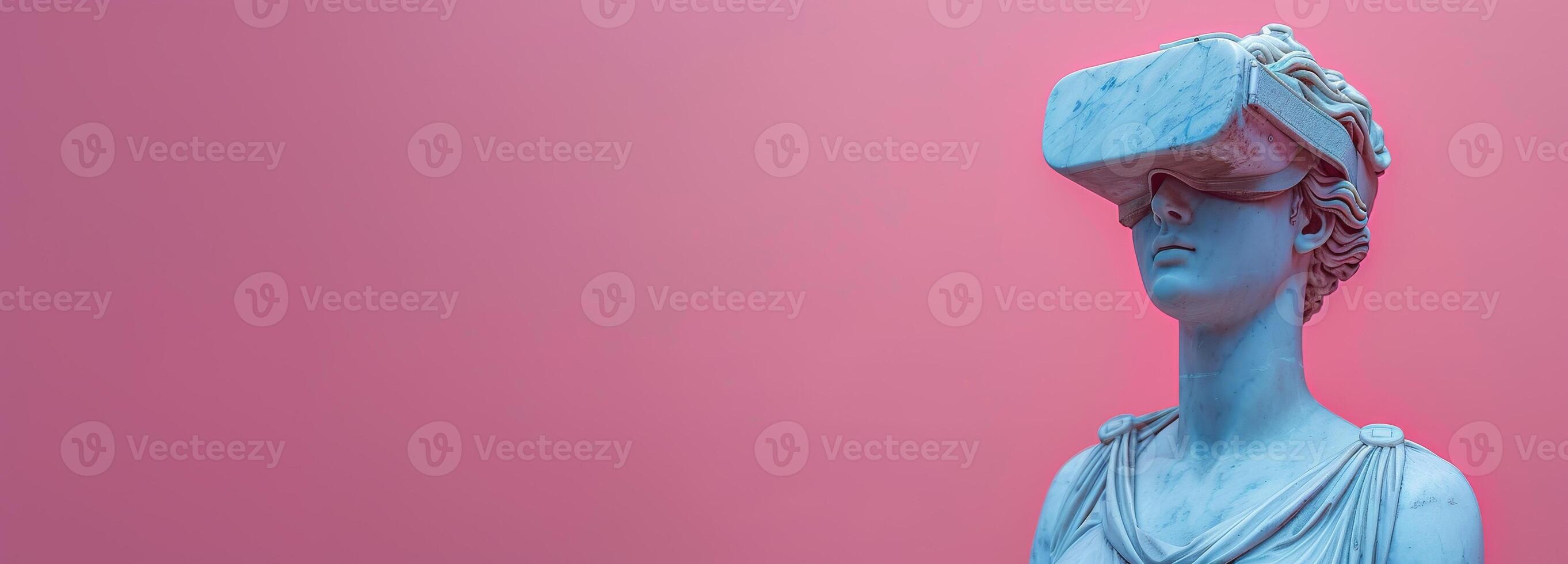 Classical Statue wearing Virtual Reality Headset in Pink Background. Wide format banner, copy space. photo