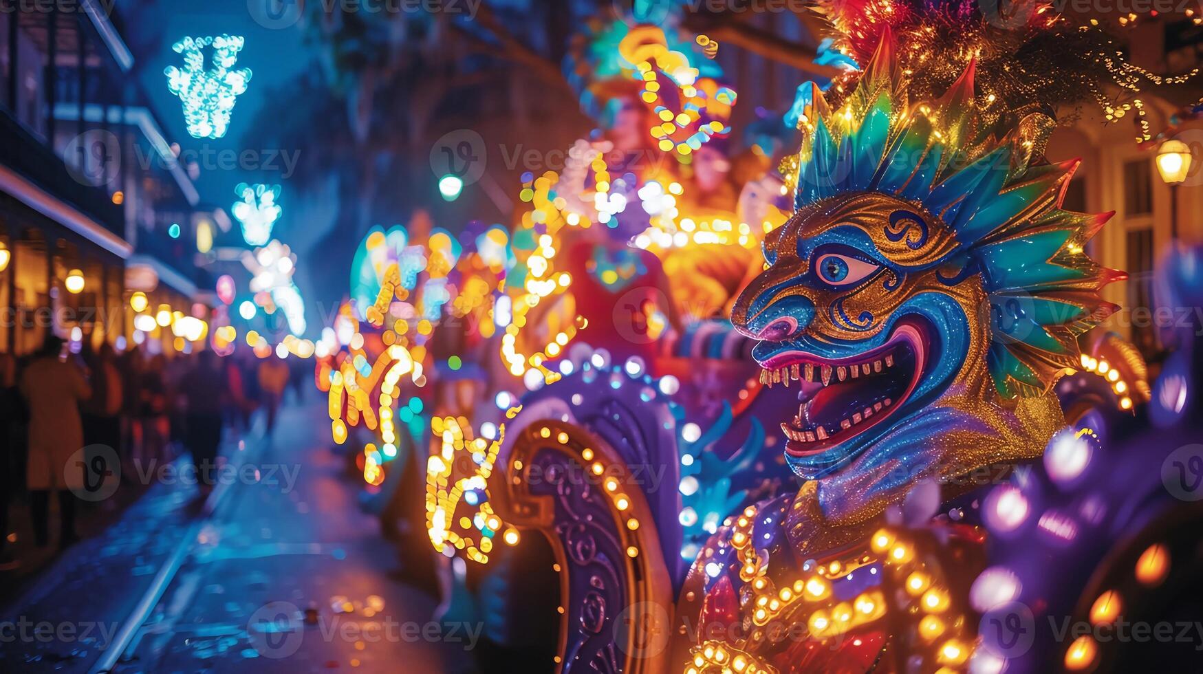 Nighttime Mardi Gras parade. Illuminated floats and shimmering lights of New Orleans photo