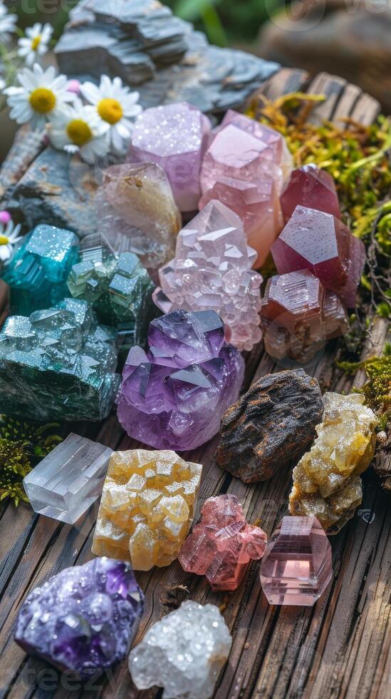 Healing crystals like amethyst, rose quartz, and obsidian on wooden surface. New age vertical banner photo