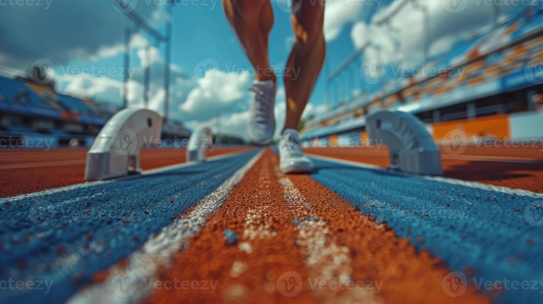 Sprinter at the starting blocks at a track and field event. Tension and focus right before the start photo