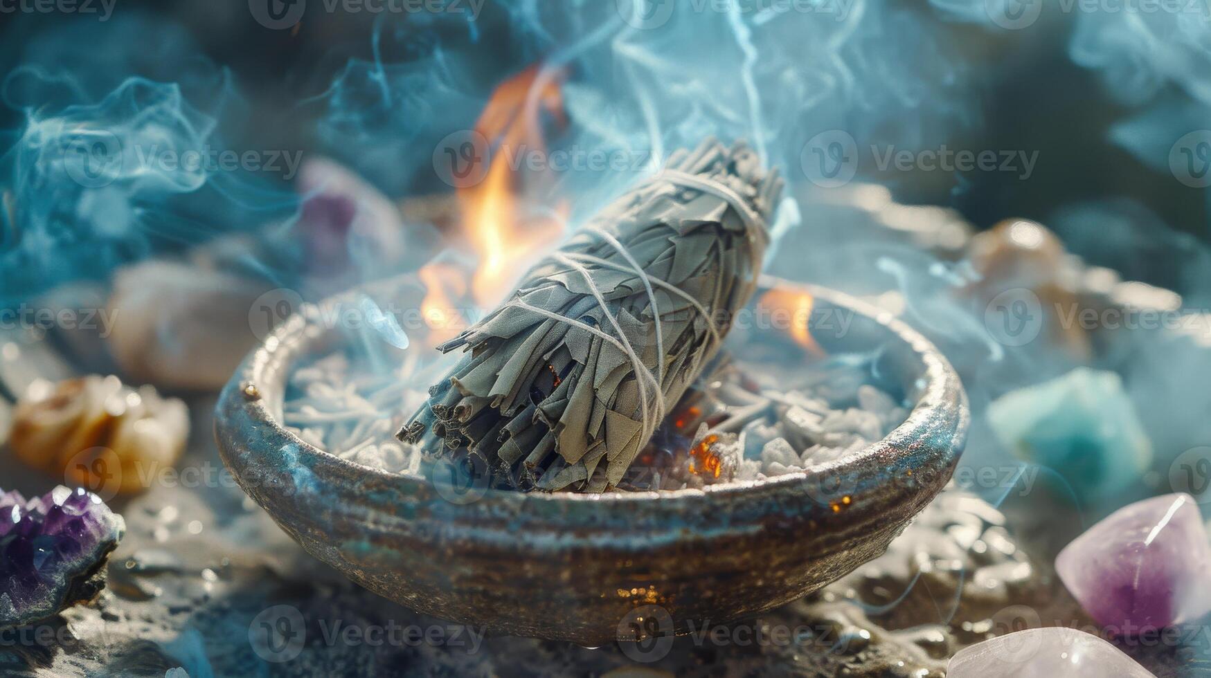 A burning sage bundle placed on a stone plate, with dense white smoke cleansing healing crystals photo
