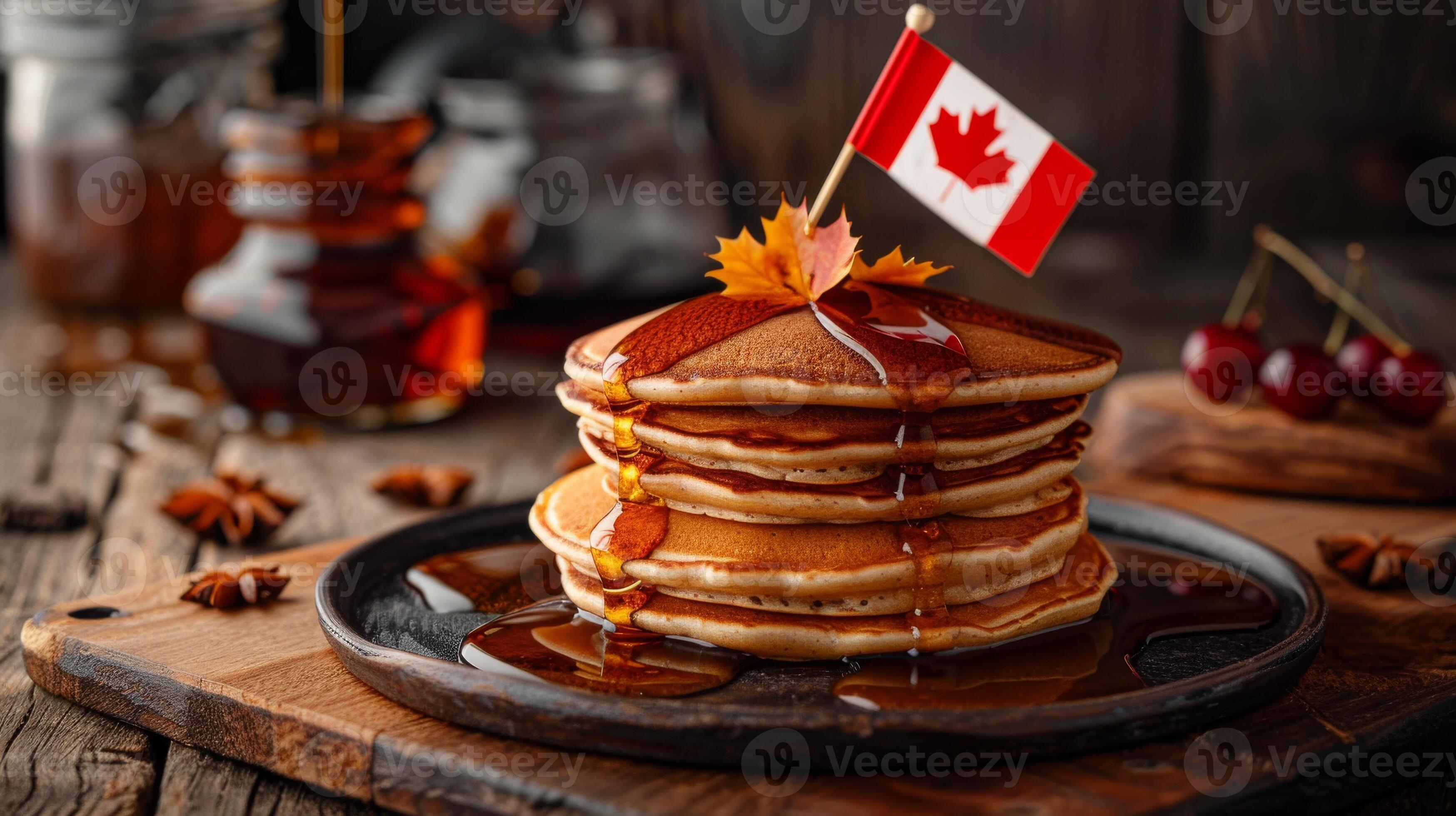 Stack of fluffy pancakes drizzled with golden maple syrup, decorated