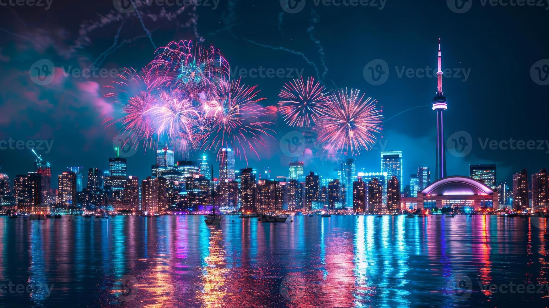 Night sky over a Canadian city, bright fireworks, famous city landmarks. Canada Day, Civic Holiday photo