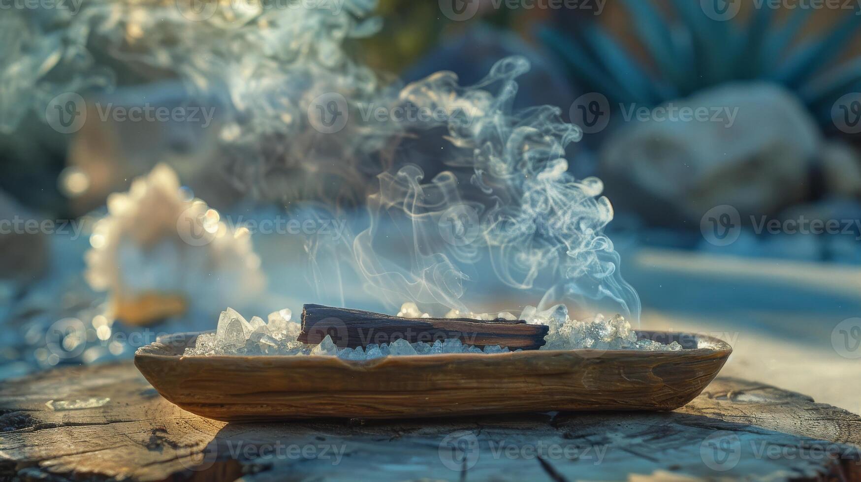 A smoldering palo santo stick on a ceramic dish, its smoke rising and cleansing energy of crystals photo