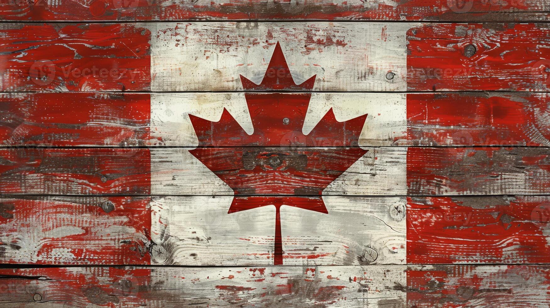 Canadian flag painted on a rustic wooden texture, wood grain and weathered details. Canada Day photo