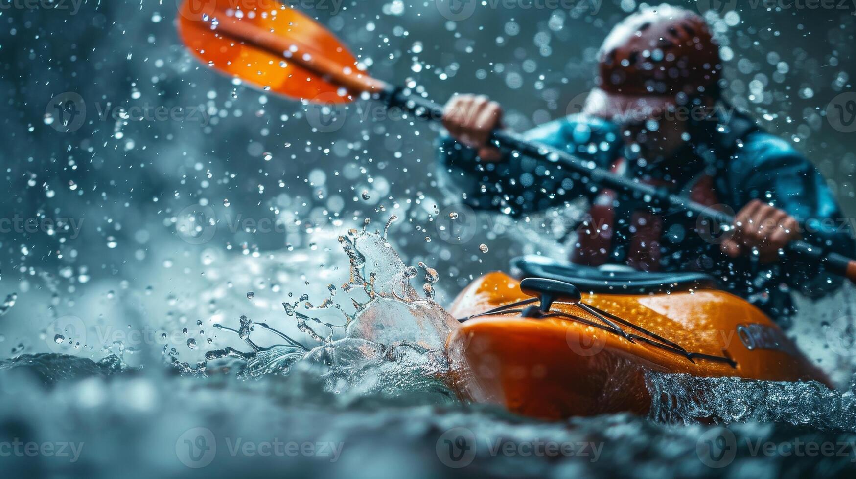 A kayaker in full speed during a sprint race, with water splashing around. Strength of the paddler photo