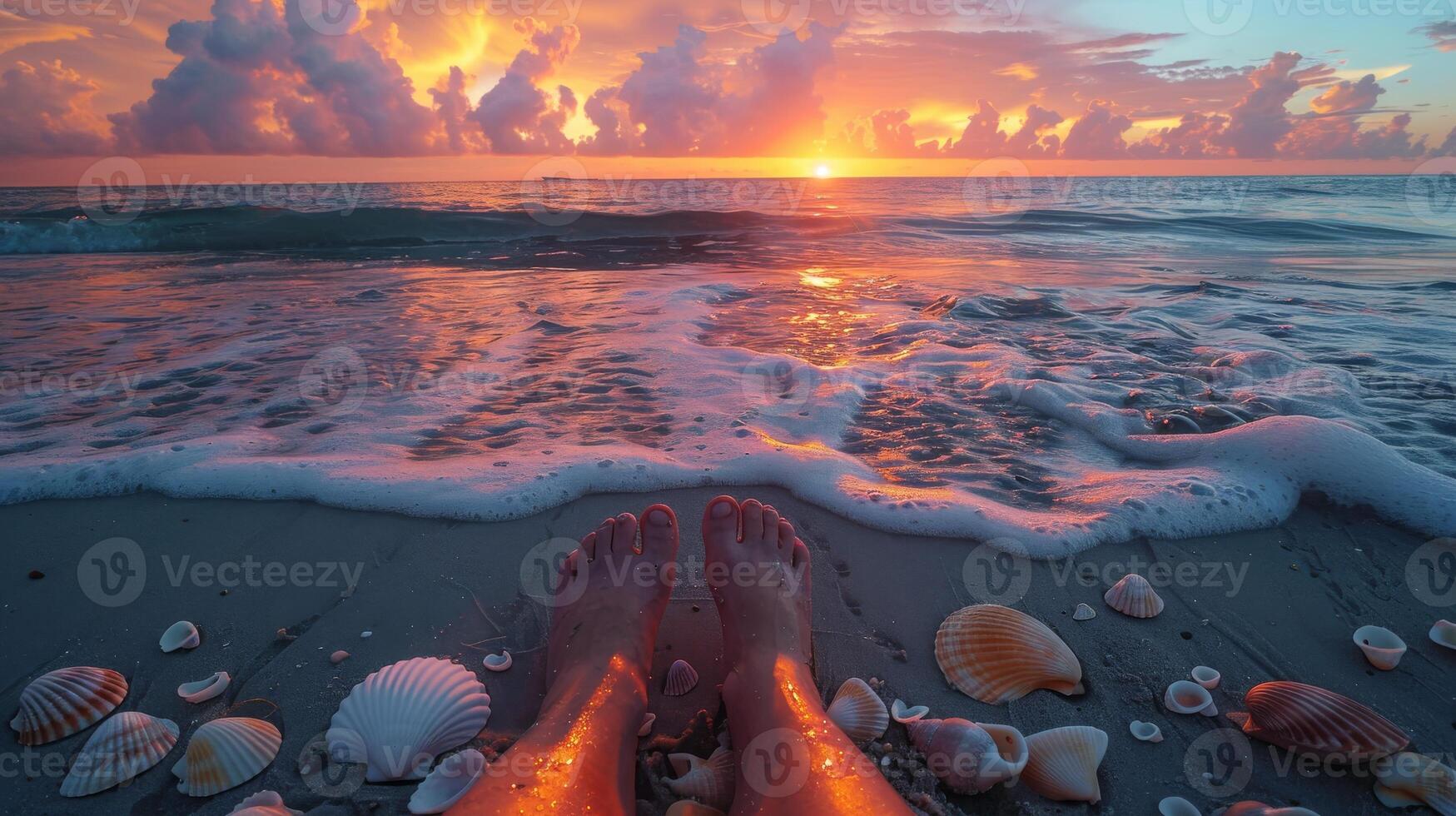 POV of Feet in Sand at the Edge of Ocean During Sunset, waves gently washing over. Summer Vacation photo
