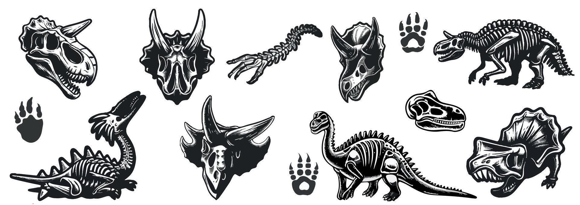 Dinosaur skeleton. Dinosaur tattoo dino skull, prehistoric archaeology fossil icon. Jurassic reptile engraving sticker, triceratops silhouette, reptor head. Archeology. vector