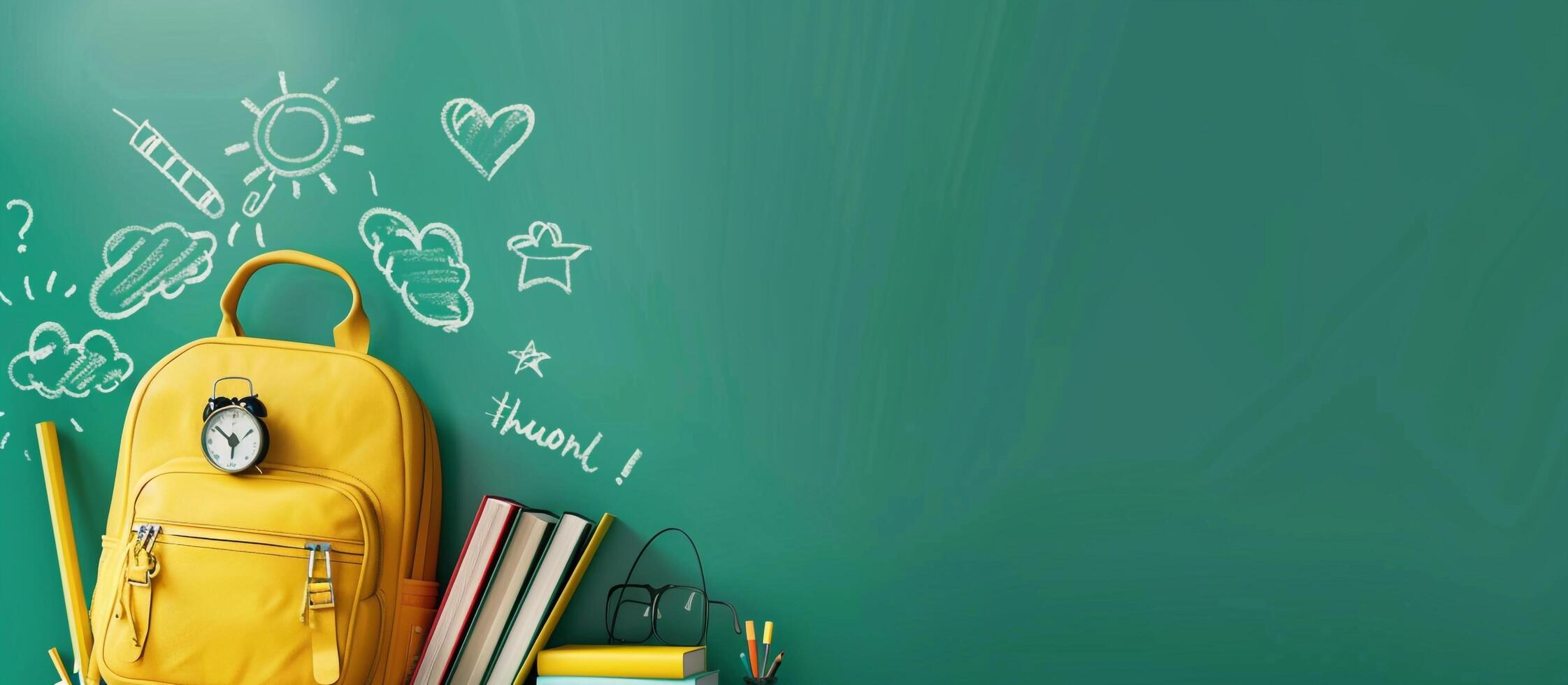 Back to school of a yellow backpack with school supplies on green background, concept back to new colors books for education and learning in the style of realistic landscapes photo