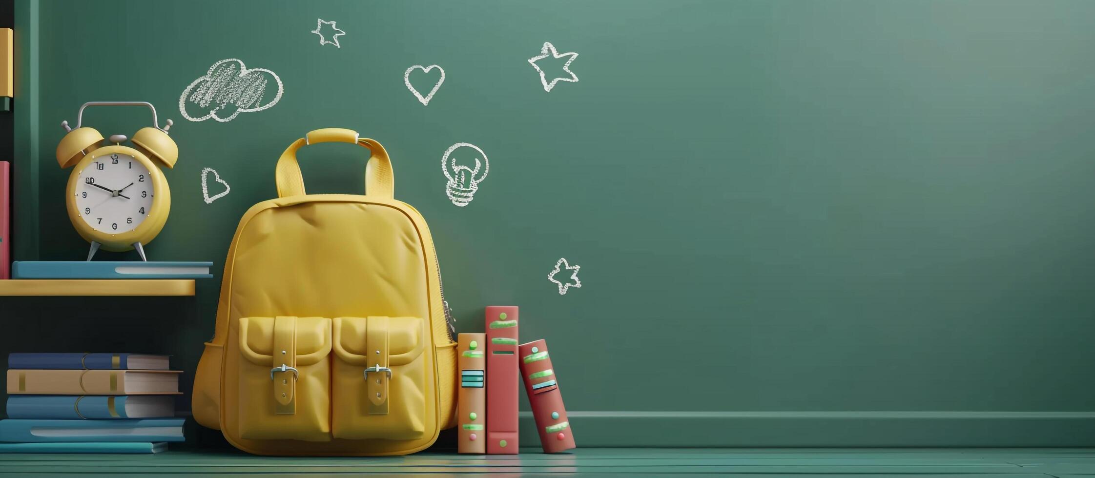 Back to school of a yellow backpack with school supplies on green background, concept back to new colors books for education and learning in the style of realistic landscapes photo