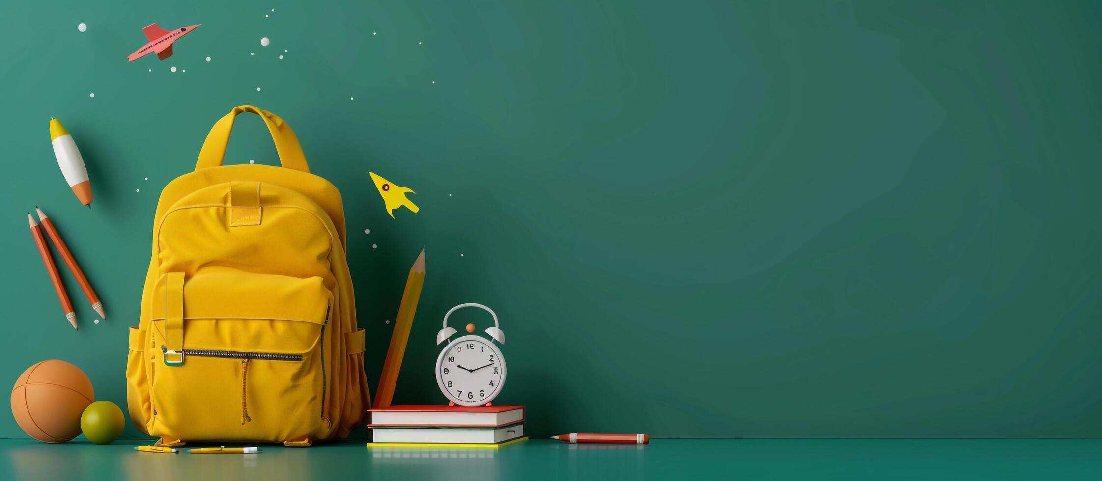 Back to school of a yellow backpack with school supplies on green background, concept back to new colors books for education and learning in the style of realistic landscapes photo