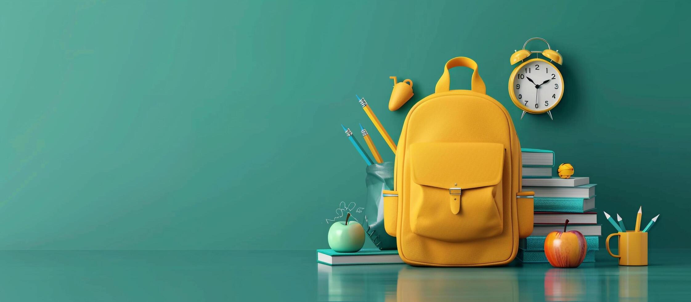 Back to school of a yellow backpack with school supplies on green background, concept back to new colors books for education and learning in the style of realistic landscapes photo